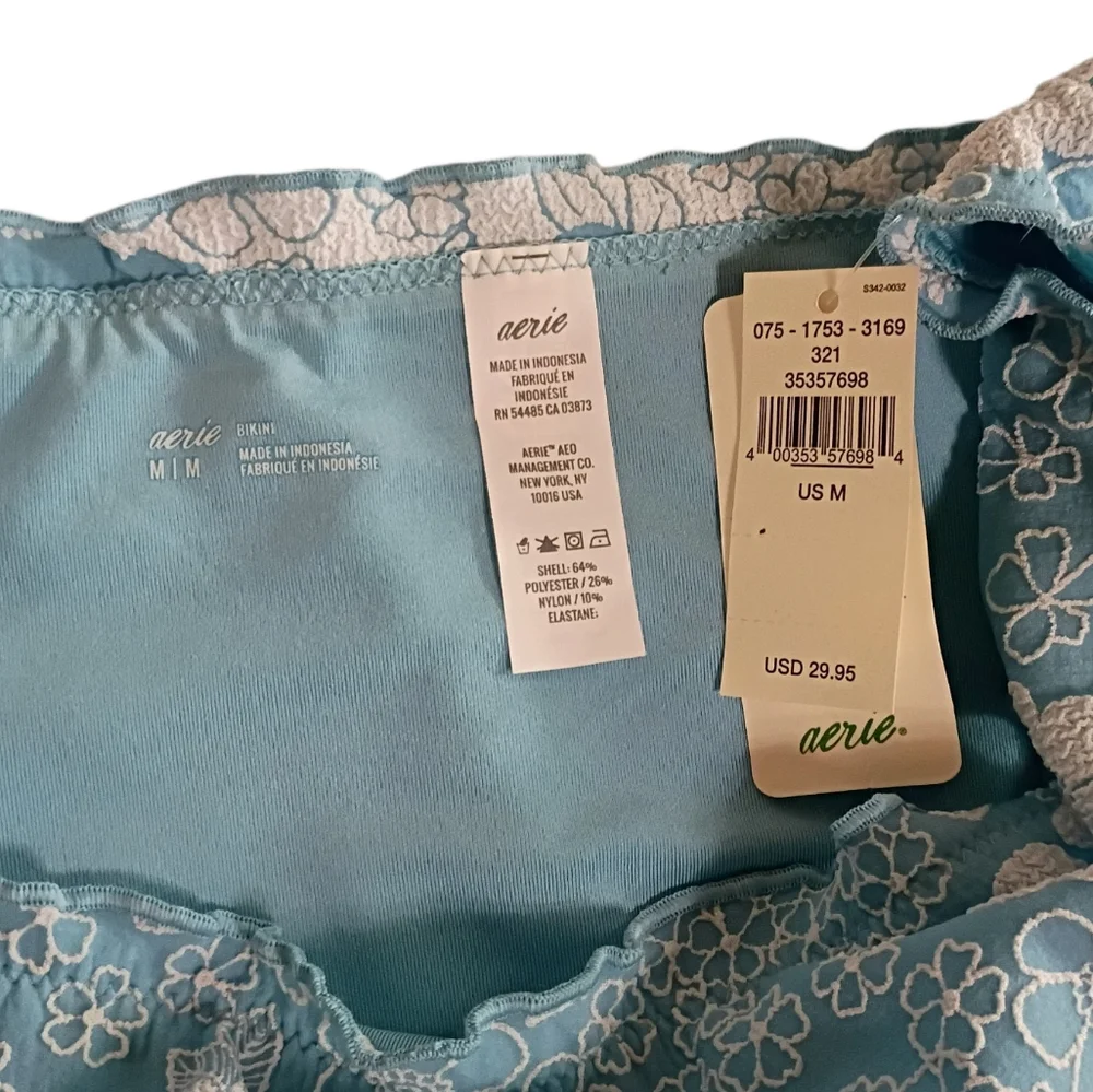 aerie Blue Bikini Bottoms with White Floral Lace sz M NEW